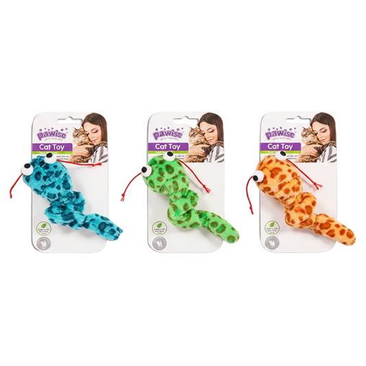 Pawise squeaky snake cat toys in blue, green, and orange, packaged set of three