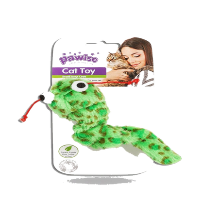 Pawise Shakey Snake cat toy in green, packaged, transparent background