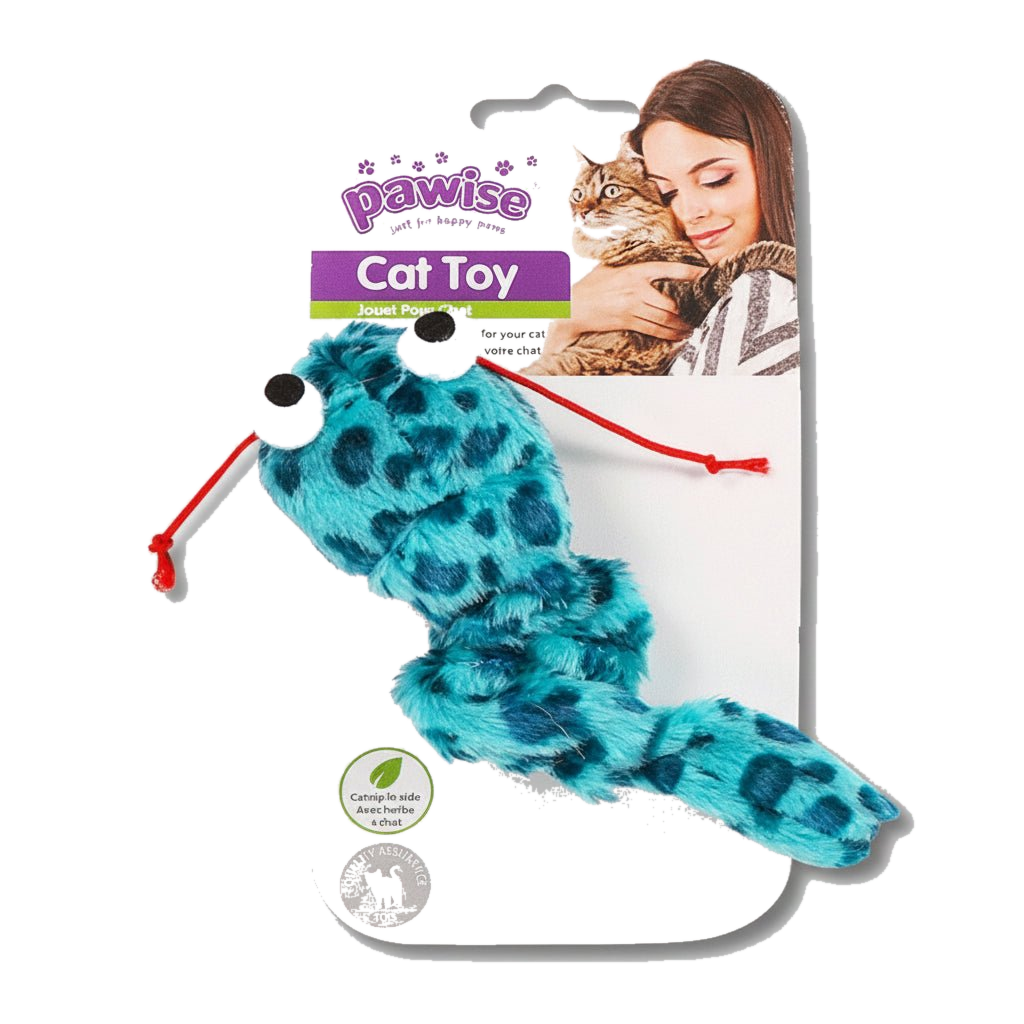Pawise Shakey Snake cat toy in blue, packaged, transparent background