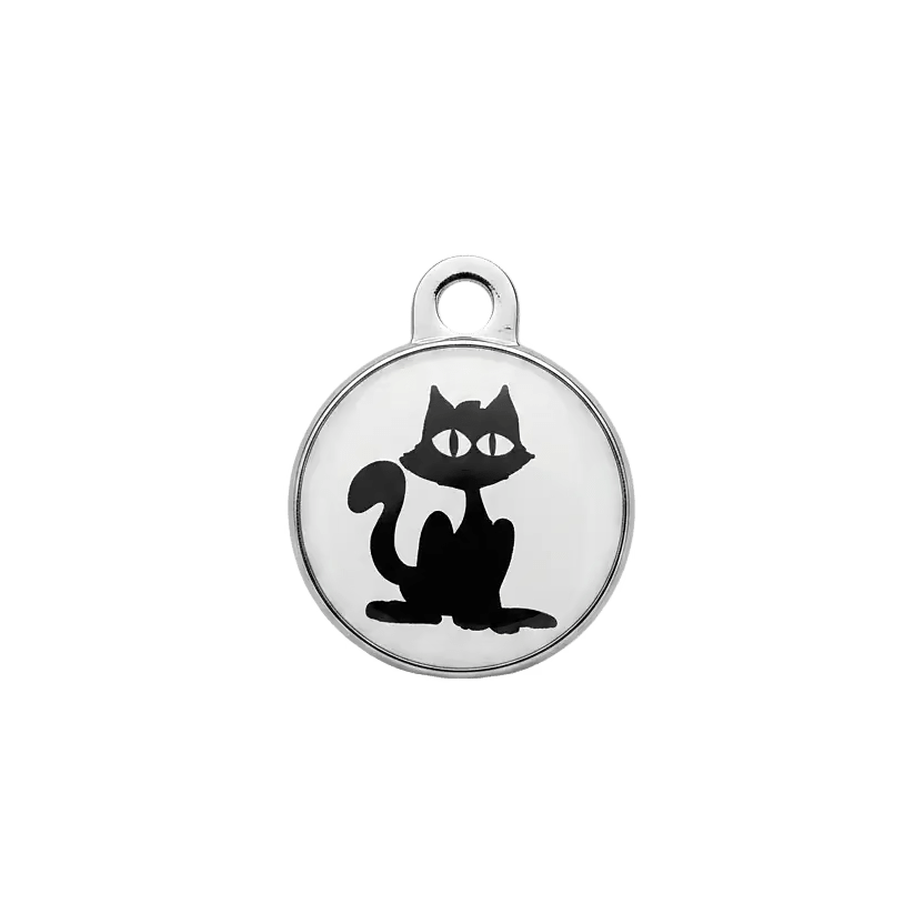 Cat ID tag with black cat silhouette on white background in a silver frame.