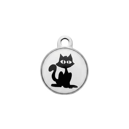Cat ID tag with black cat silhouette on white background in a silver frame.
