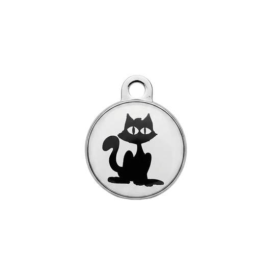 Cat ID tag with black cat silhouette on white background in a silver frame.