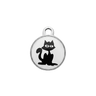 Cat ID tag with black cat silhouette on white background in a silver frame.