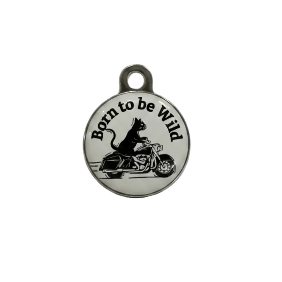Personalised cat ID tag, white round pendant reading “Born to be Wild” with rider graphic