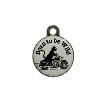 Personalised cat ID tag, white round pendant reading “Born to be Wild” with rider graphic
