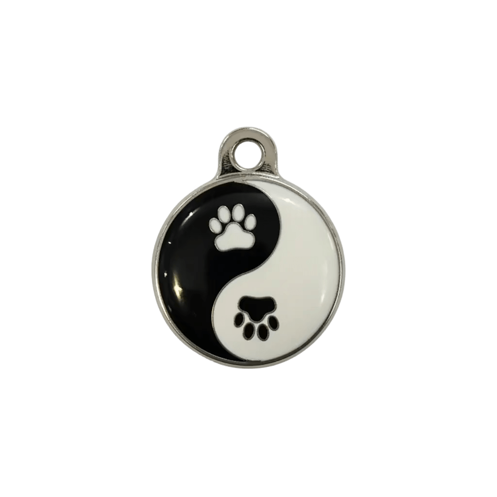 Personalised cat ID tag, yin-yang style round pendant with paw prints