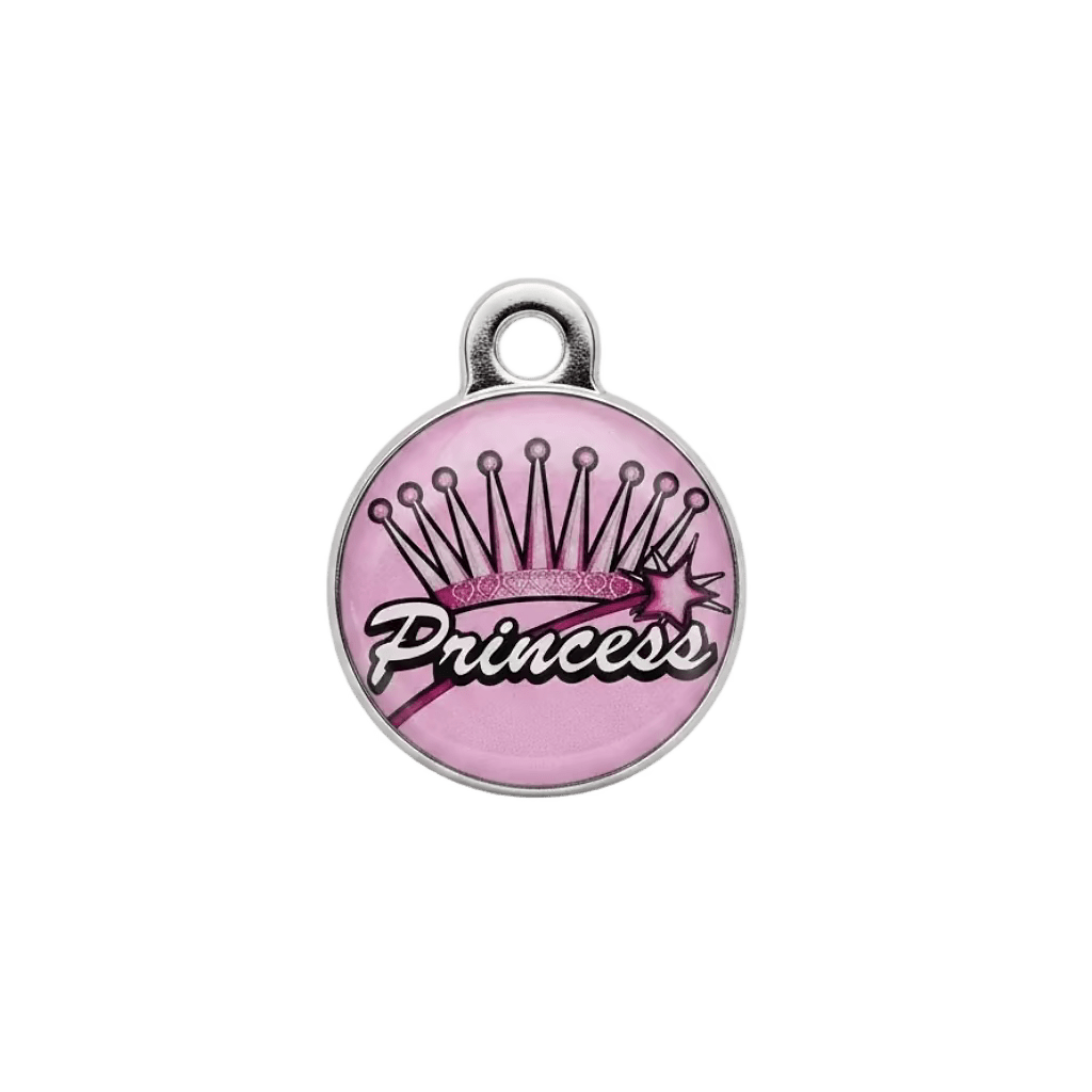 Round metal cat ID tag with princess crown and 'Princess' text on pink.