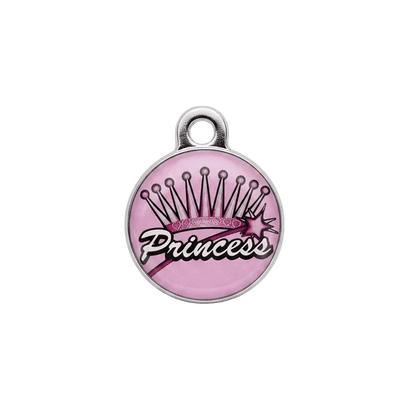 Round metal cat ID tag with princess crown and 'Princess' text on pink.