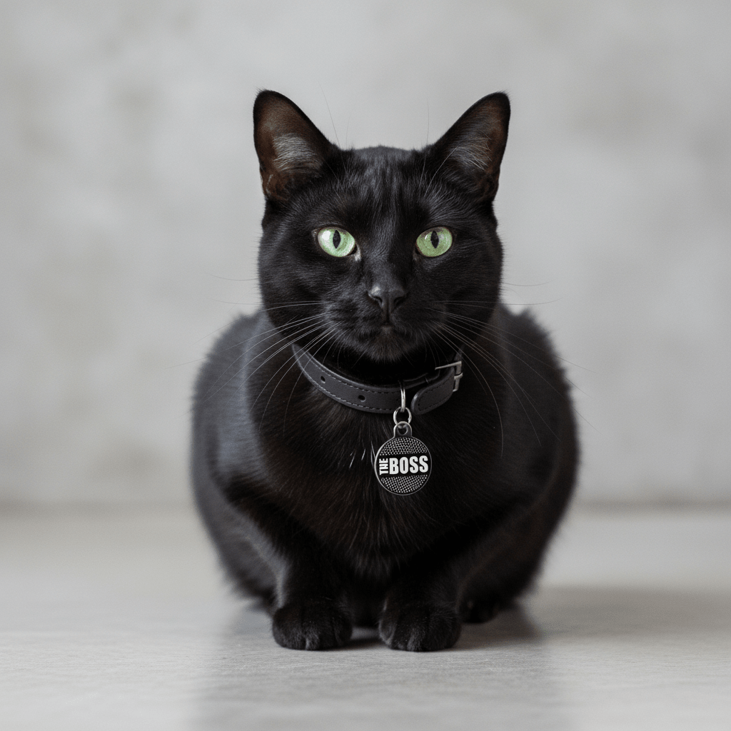 Black cat wearing a “THE BOSS” round ID tag on a collar.
