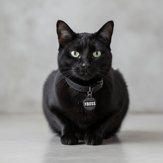 Black cat wearing a “THE BOSS” round ID tag on a collar.