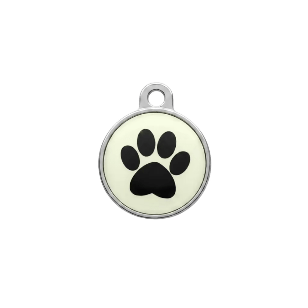 Personalised cat ID tag, cream-and-black round pendant with large paw print