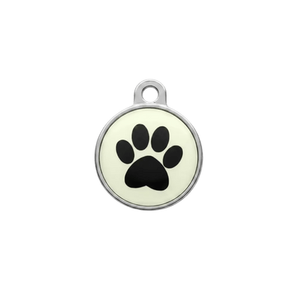 Personalised cat ID tag, cream-and-black round pendant with large paw print