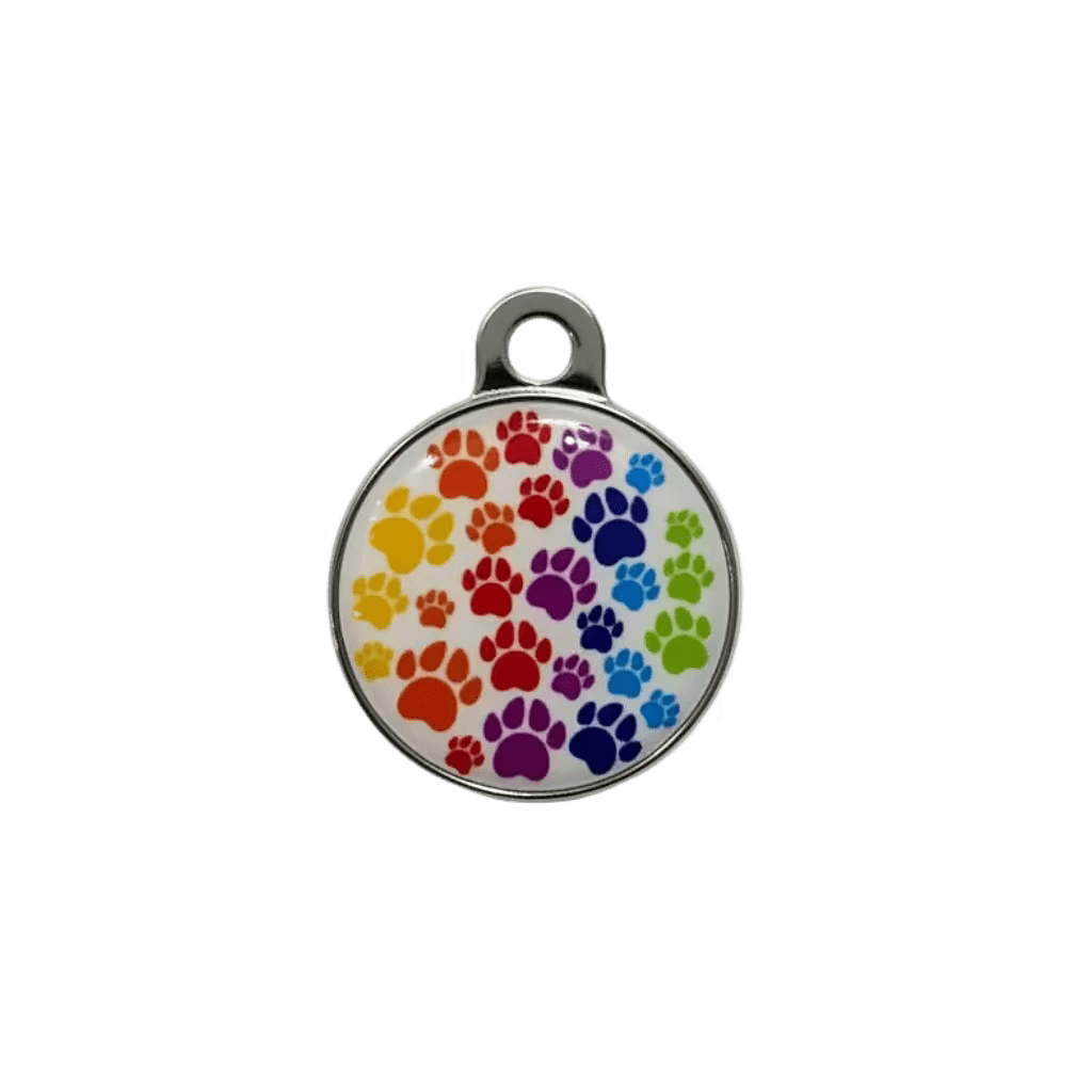 Round cat ID tag, light enamel with multicolor paw print design
