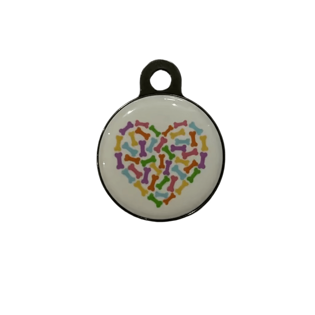 Round cat ID tag, white enamel with colorful heart pattern