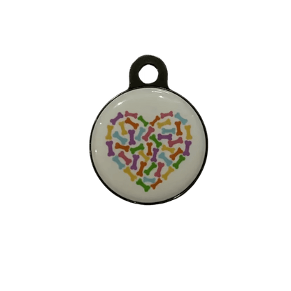 Round cat ID tag, white enamel with colorful heart pattern
