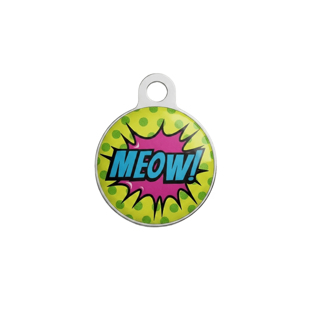 Cat ID tag with green comic burst and blue “MEOW!” text.