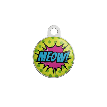 Cat ID tag with green comic burst and blue “MEOW!” text.