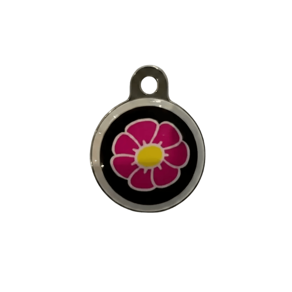 Round cat ID tag, black enamel with pink flower design