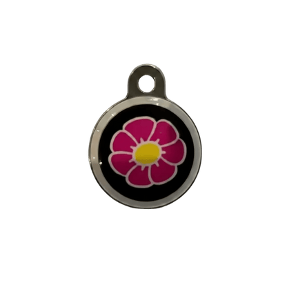 Round cat ID tag, black enamel with pink flower design