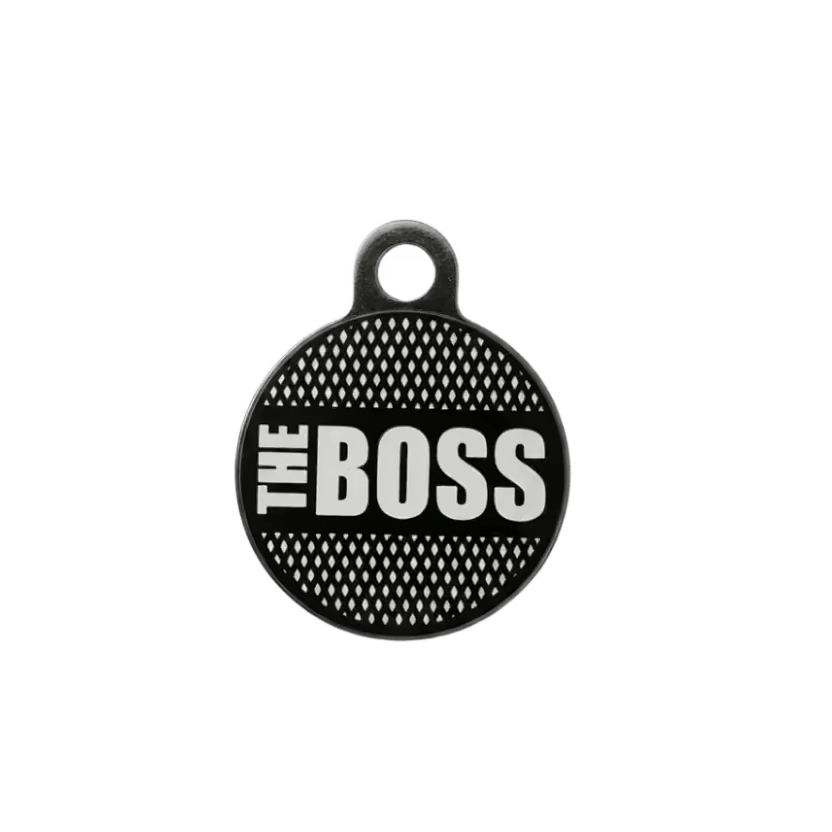 Cat ID tag with black mesh pattern and bold “THE BOSS” lettering.