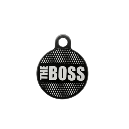 Cat ID tag with black mesh pattern and bold “THE BOSS” lettering.