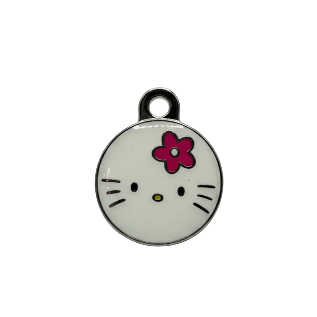 Round cat ID tag, white enamel with cartoon cat face and red bow