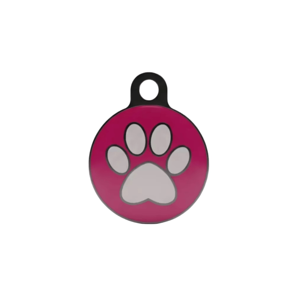 Personalised cat ID tag, magenta round pendant with grey paw print