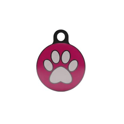 Personalised cat ID tag, magenta round pendant with grey paw print