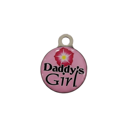 Personalised cat ID tag, pink round pendant reading “Daddy’s Girl” with flower