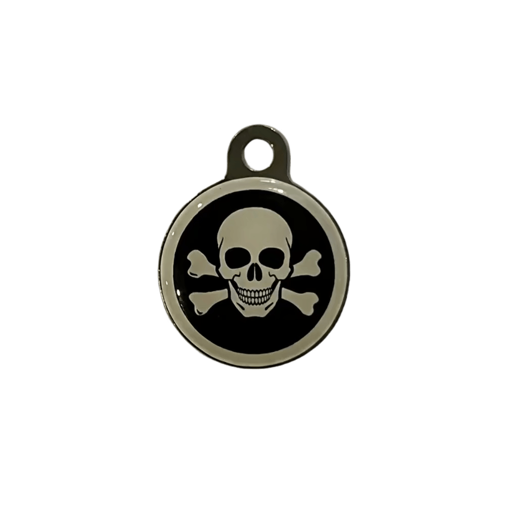 Round cat ID tag, black enamel with skull and crossbones graphic