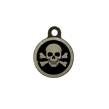 Round cat ID tag, black enamel with skull and crossbones graphic