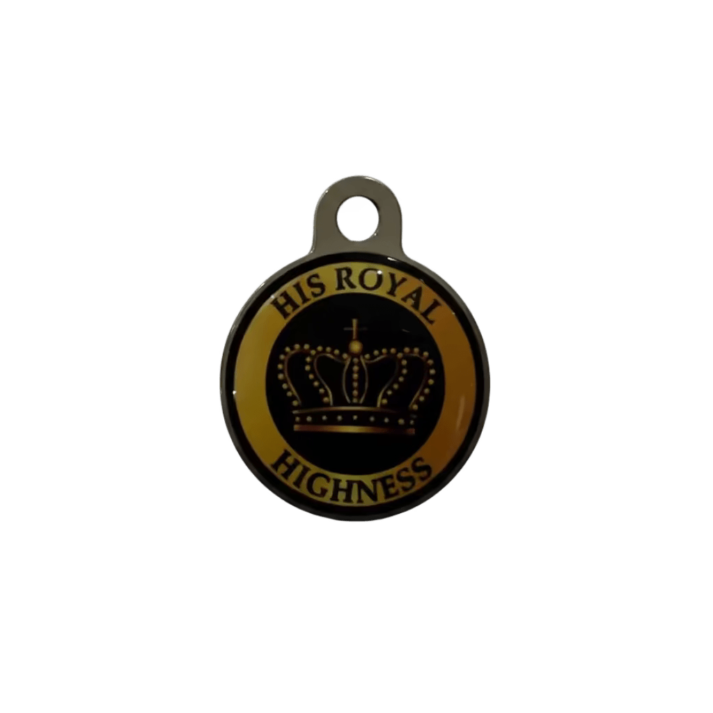 Personalised cat ID tag, gold-and-black round pendant reading “His Royal Highness”