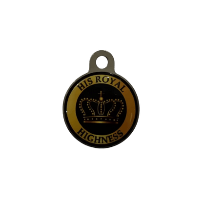 Personalised cat ID tag, gold-and-black round pendant reading “His Royal Highness”