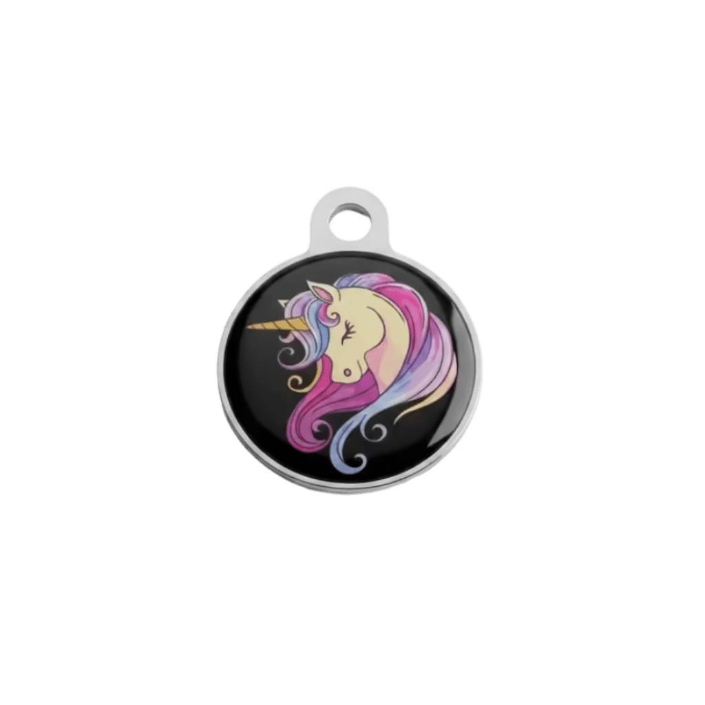 Cat ID tag with black unicorn artwork in a circular silver frame.