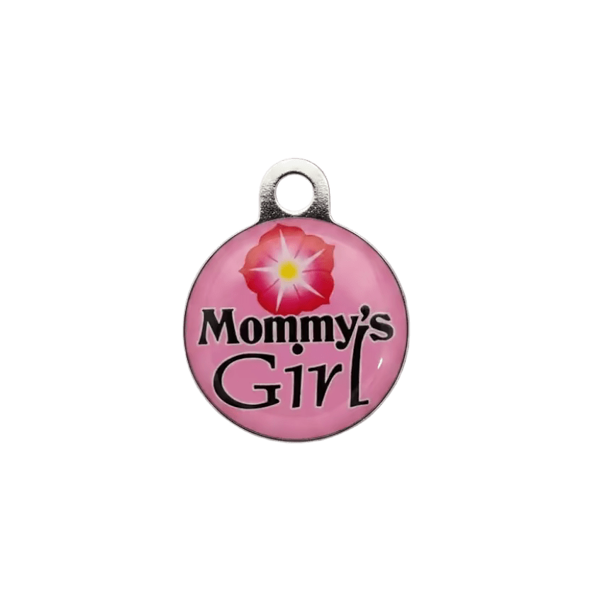 Cat ID tag with pink flower background and “Mommy’s Girl” text.