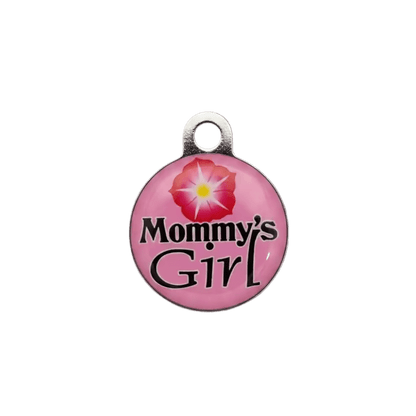 Cat ID tag with pink flower background and “Mommy’s Girl” text.