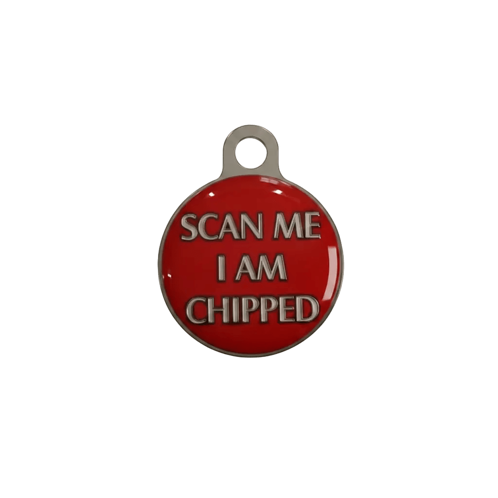 Personalised cat ID tag, red round pendant reading “Scan me I am chipped”