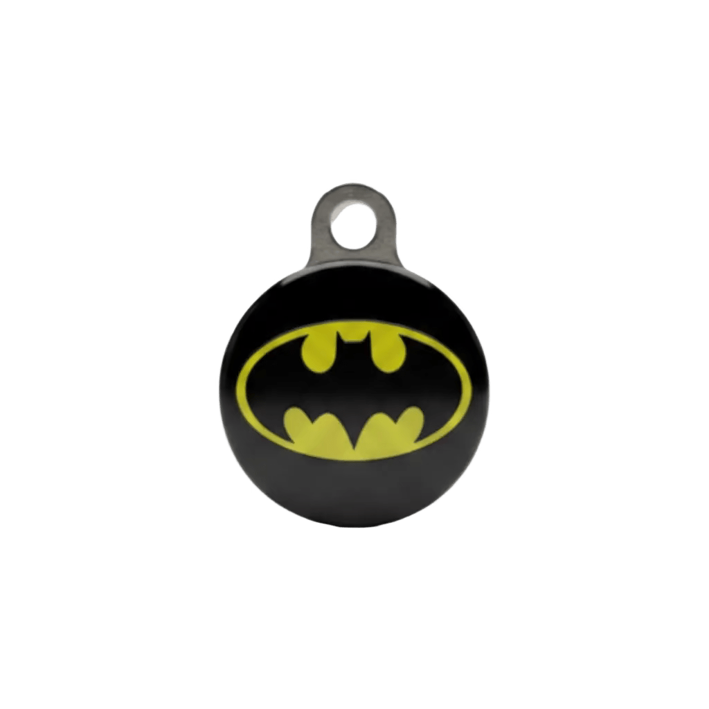 Personalised cat ID tag, black round pendant with yellow bat emblem