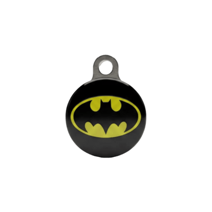 Personalised cat ID tag, black round pendant with yellow bat emblem