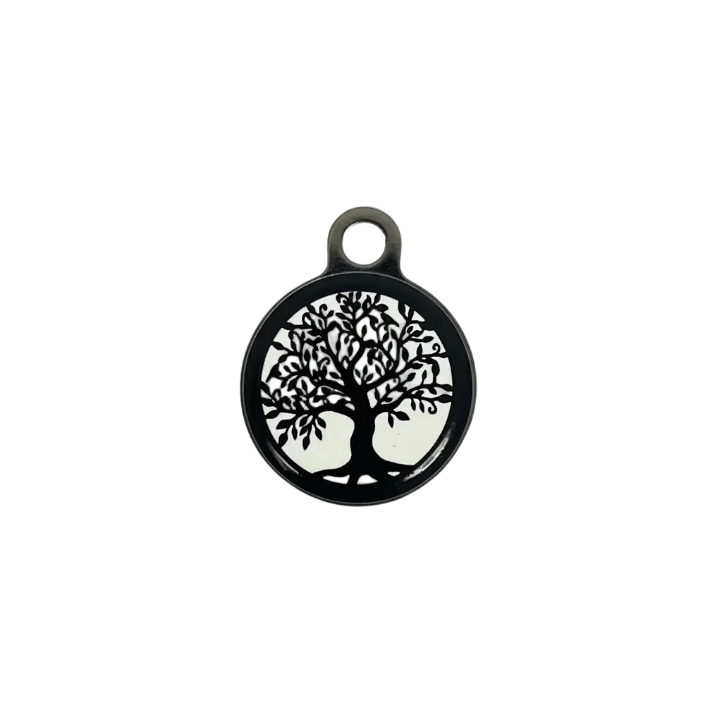 Round cat ID tag, black enamel with white tree of life design