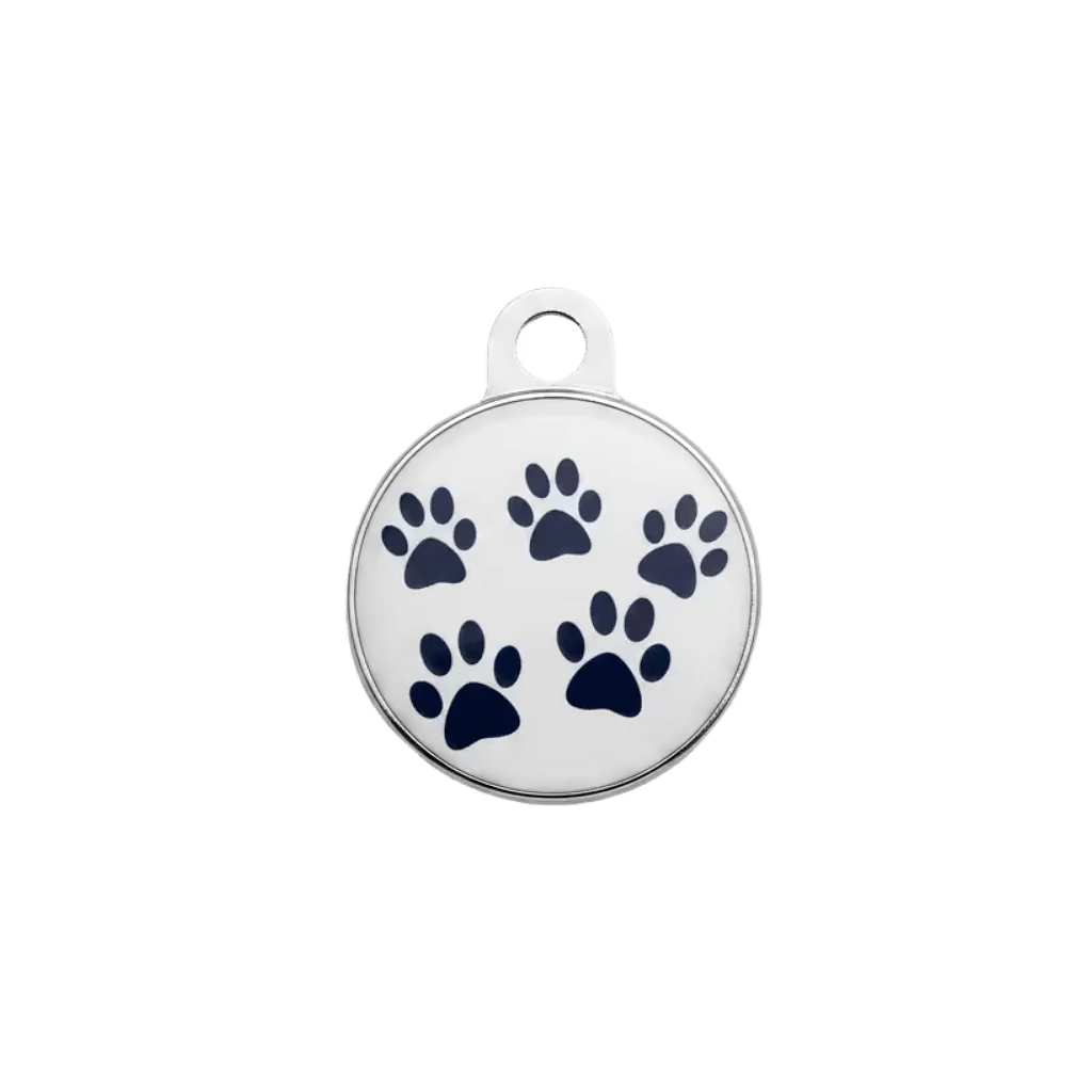 Round cat ID tag, white enamel with navy paw prints
