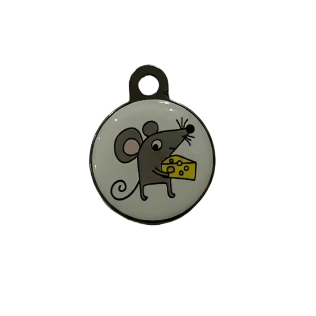 Round cat ID tag, light enamel with cartoon mouse holding cheese