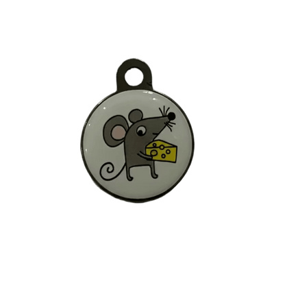 Round cat ID tag, light enamel with cartoon mouse holding cheese