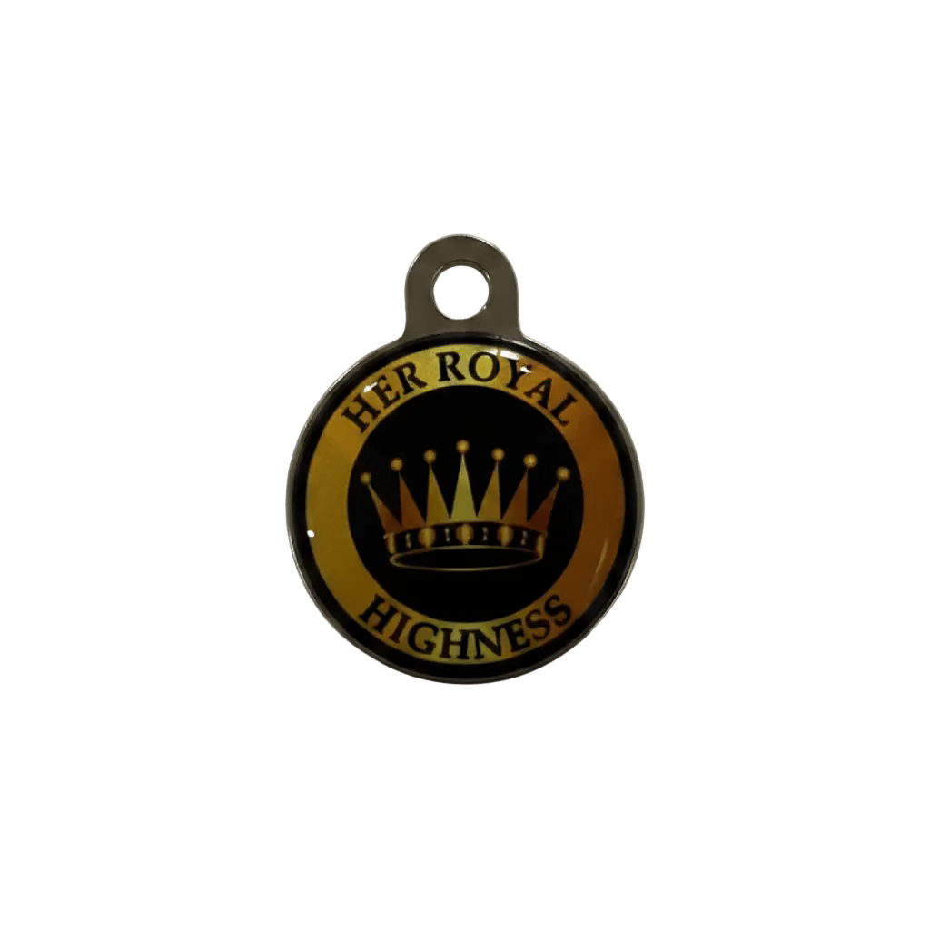 Personalised cat ID tag, gold-and-black round pendant reading “Her Royal Highness”