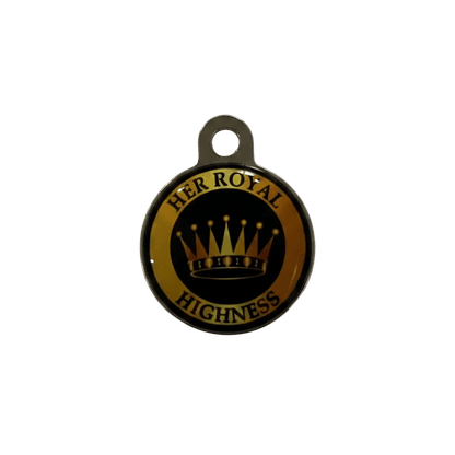 Personalised cat ID tag, gold-and-black round pendant reading “Her Royal Highness”