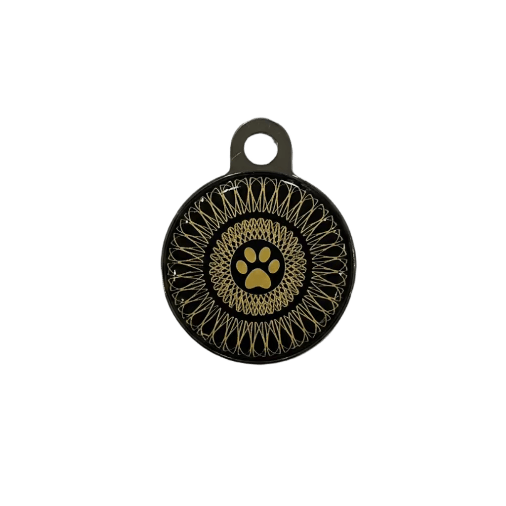 Personalised cat ID tag, black round pendant with gold paw icon and sunburst