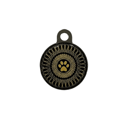 Personalised cat ID tag, black round pendant with gold paw icon and sunburst