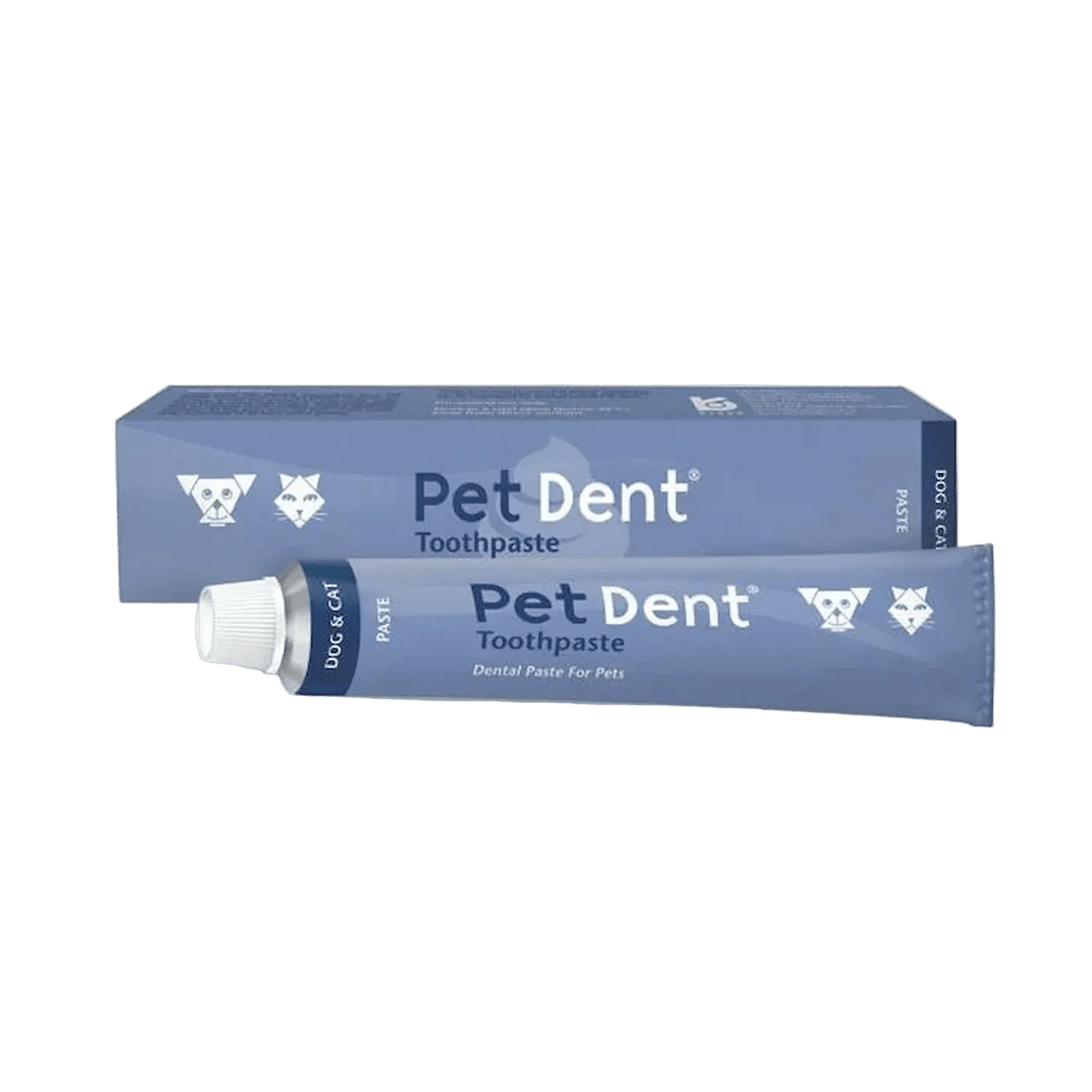 Pet Dent toothpaste box and blue squeeze tube packaging