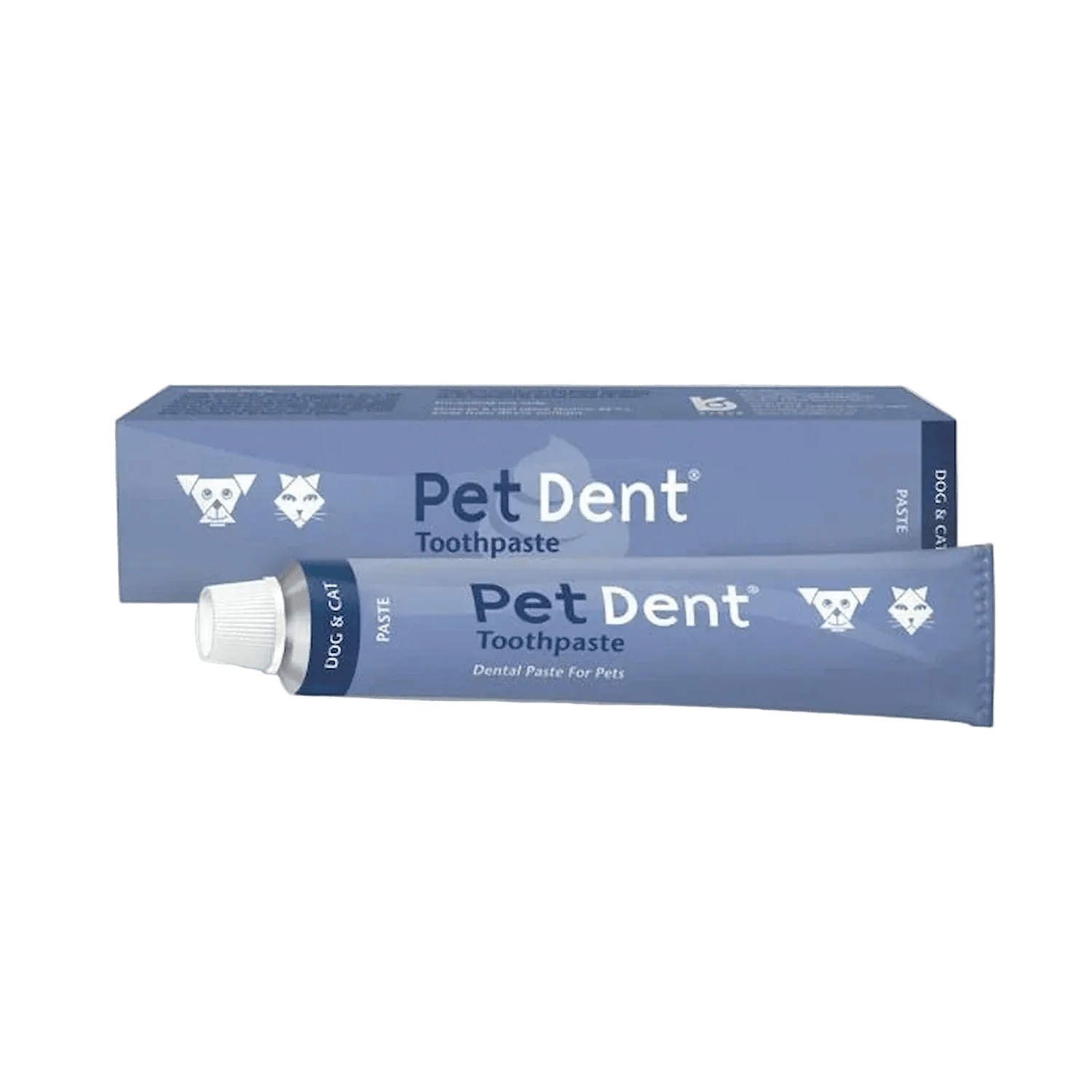 Pet Dent toothpaste box and blue squeeze tube packaging
