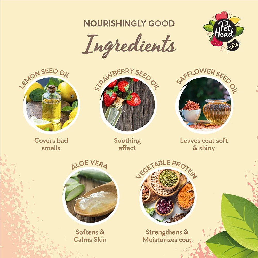 Pet Head Felin’ Good Foam ingredients including lemon seed oil, strawberry seed oil, safflower oil, aloe vera and vegetable protein